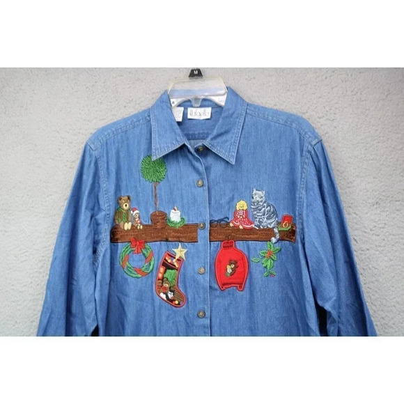 Rafaella Vintage Embroidered Christmas Denim Shirt-Size Large-90's - Picture 2 of 12